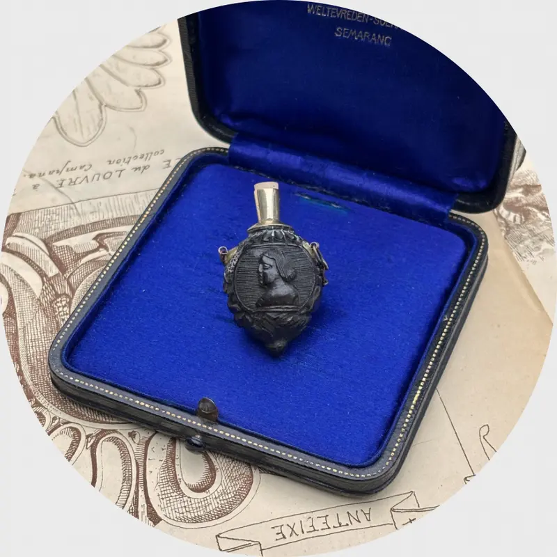 19th Century Carved Coconut Portrait Perfume Flask Pendant
