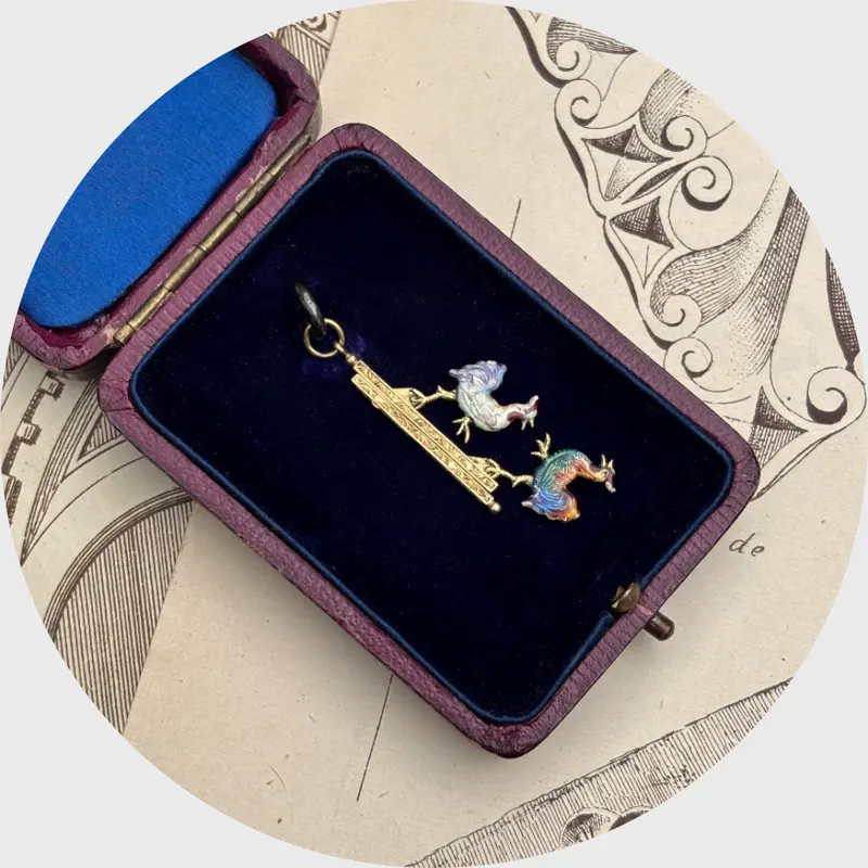 19th Century Enameled Fighting Roosters Novelty Pendant