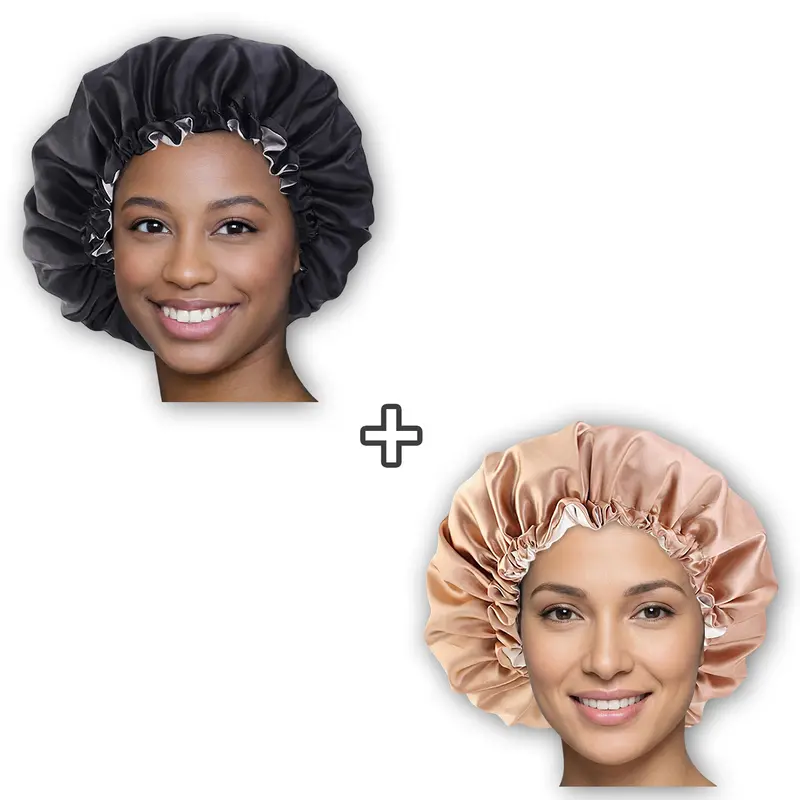 2 PIECES - Khaki + Black Satin Hair Bonnet ( Adjustable & Reversable Satin Night sleep cap )