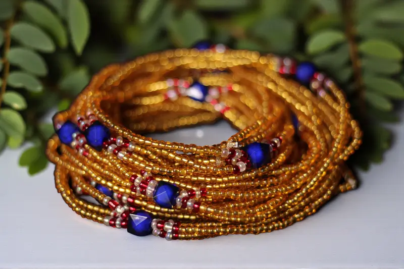 3 in 1 Waist Beads / African Hip Chain - IYORE- Blue / Gold (elastic)