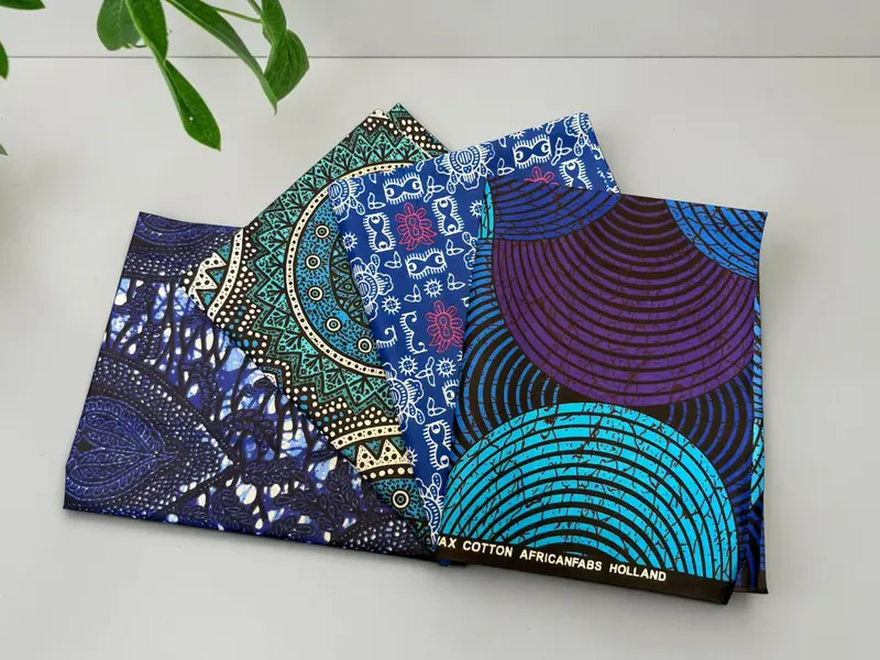 4 Fat quarters - Blue Mix Quilting fabrics / Patchwork fabrics - African print fabric