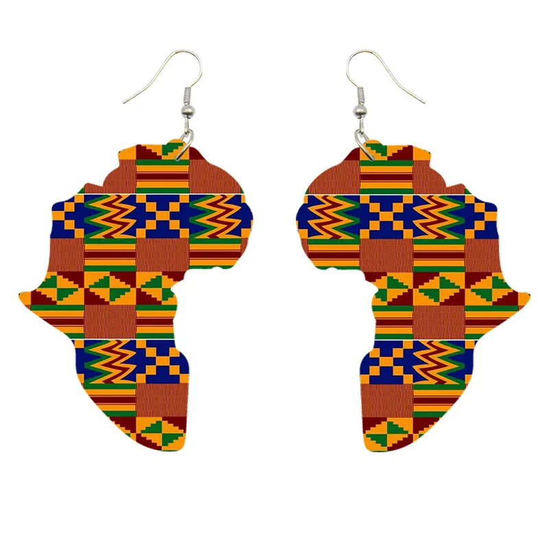 African Continent shaped Earrings Kente blue