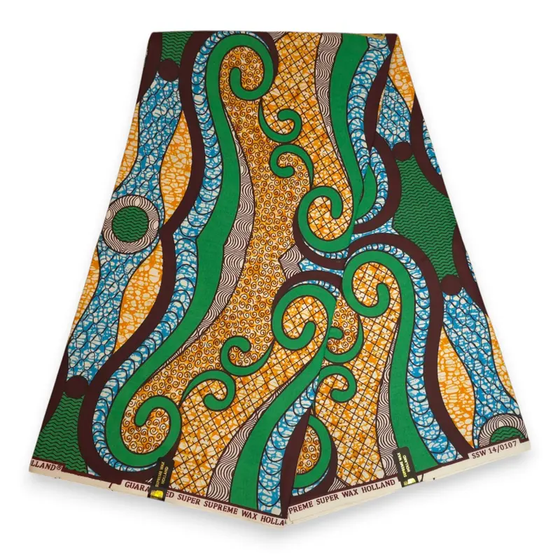 African fabric Super Wax - Green Orange Swirling Ribbon