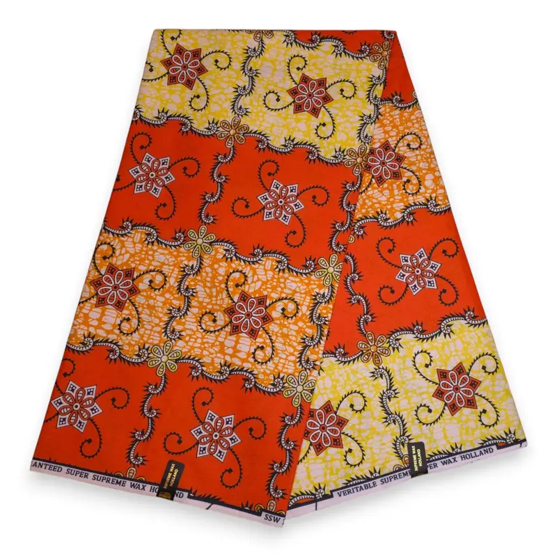 African fabric Super Wax - Orange Yellow Floral Scrollwork