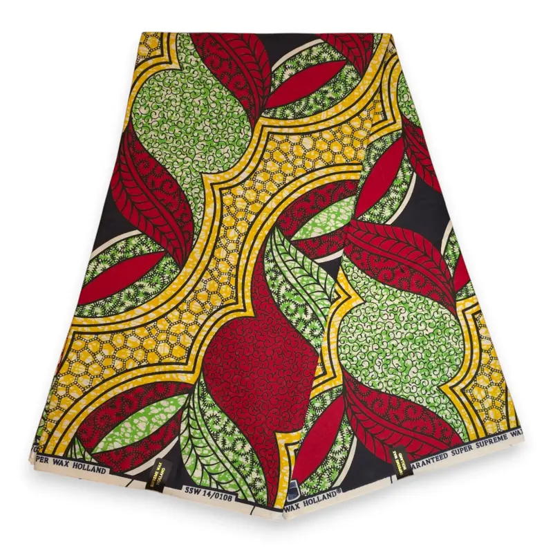 African fabric Super Wax - Red Green Decorative Leaf