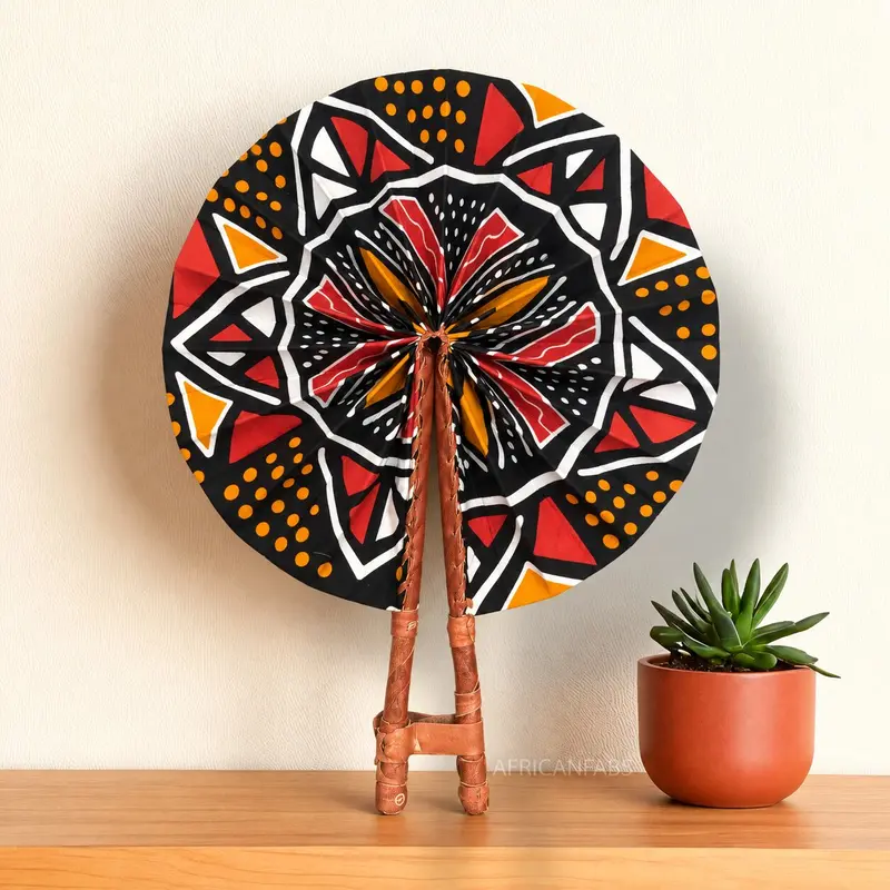African Hand fan - Ankara print Hand fan - Black Red Yaw