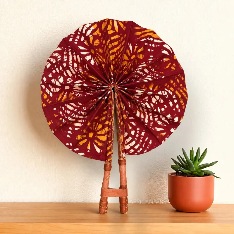 African Hand fan - Ankara print Hand fan - Burgundy Cream Kofi