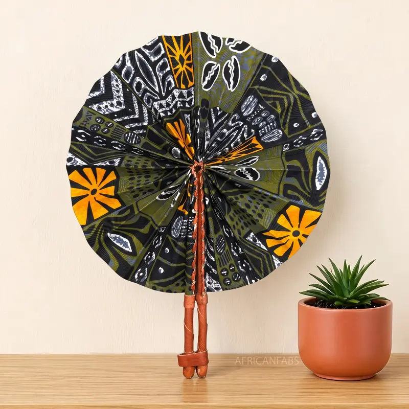 African Hand fan - Ankara print Hand fan - Olive Black Eniola