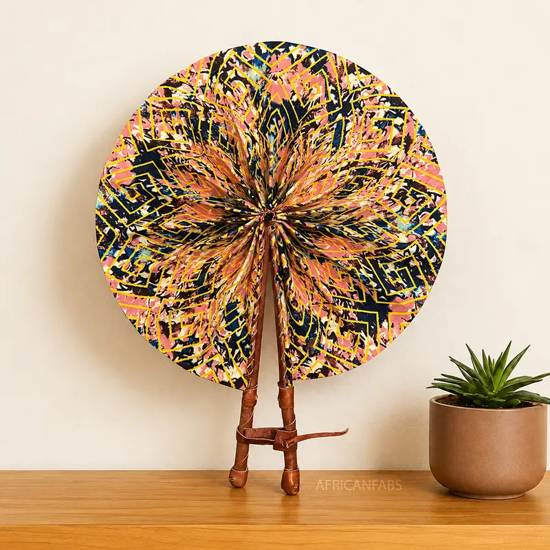 African Hand fan - Ankara print Hand fan - Pink Black Owuraku