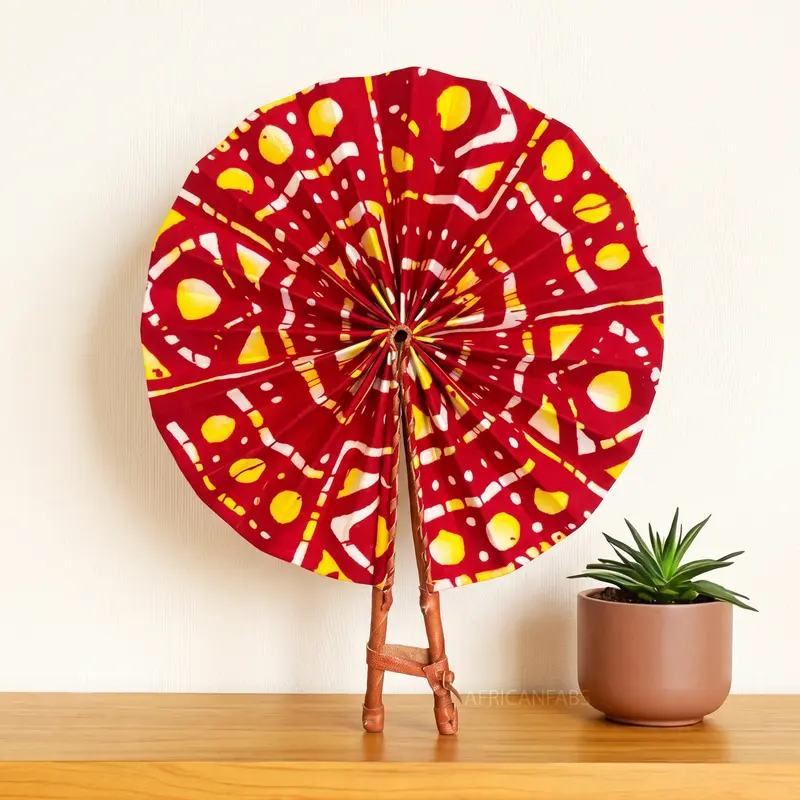 African Hand fan - Ankara print Hand fan - Red Yellow Omolara