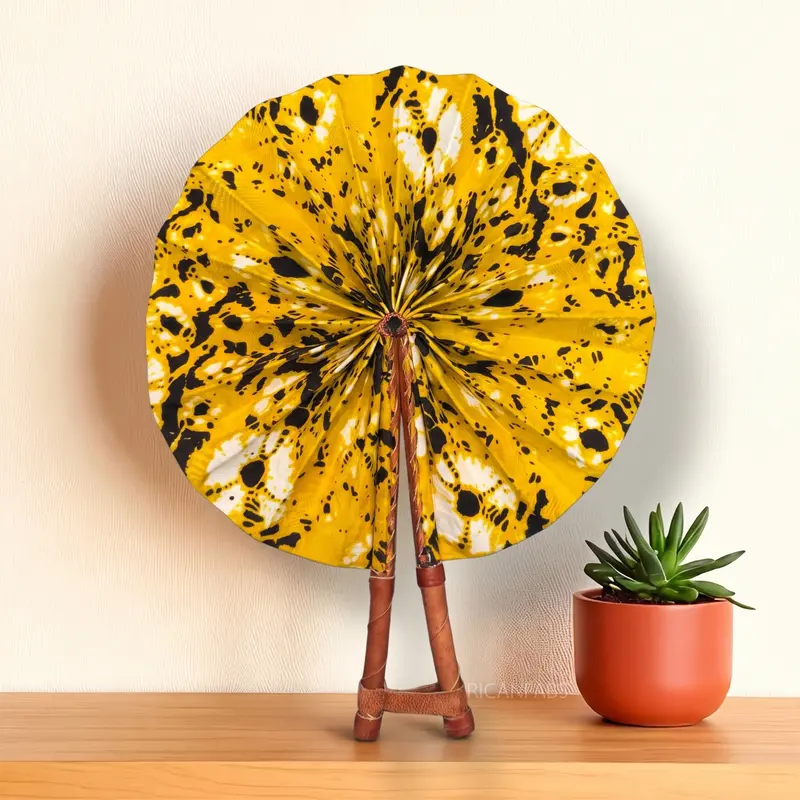 African Hand fan - Ankara print Hand fan - Yellow Black Esi
