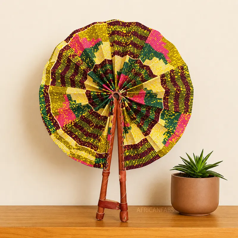 African Hand fan - Ankara print Hand fan - Yellow Green Kusi