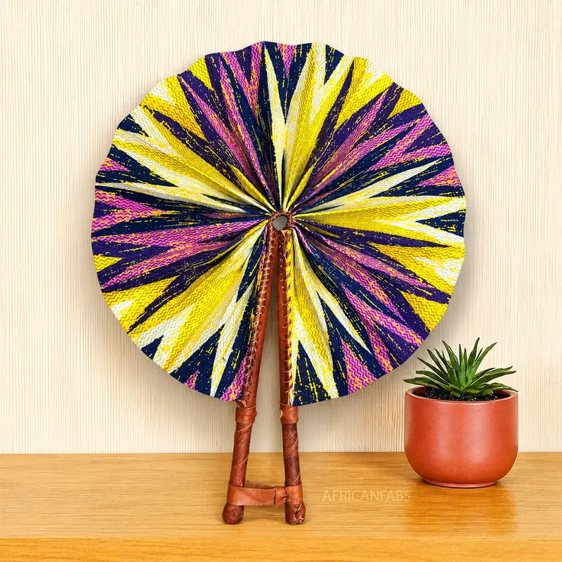 African Hand fan - Ankara print Hand fan - Yellow Purple Akosua