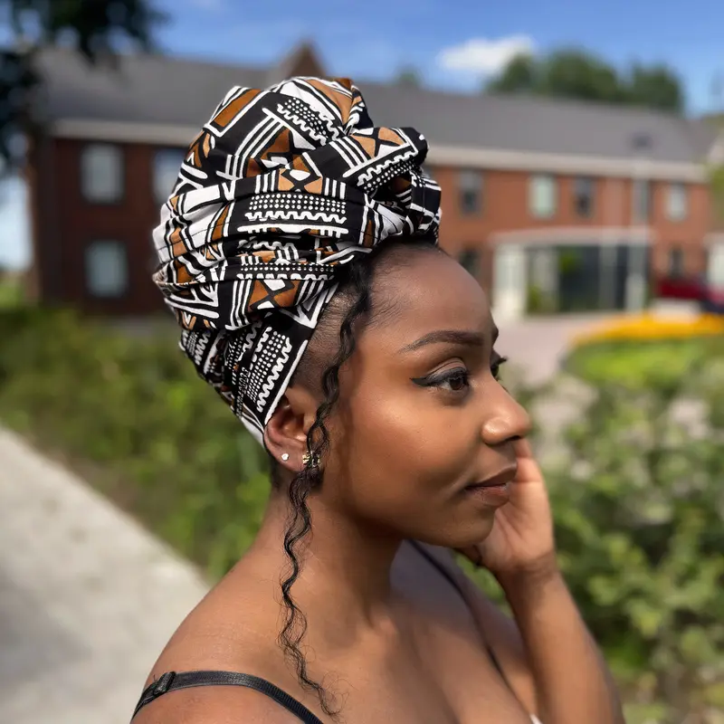 African headwrap - Dark Brown & White Bogolan Symbols
