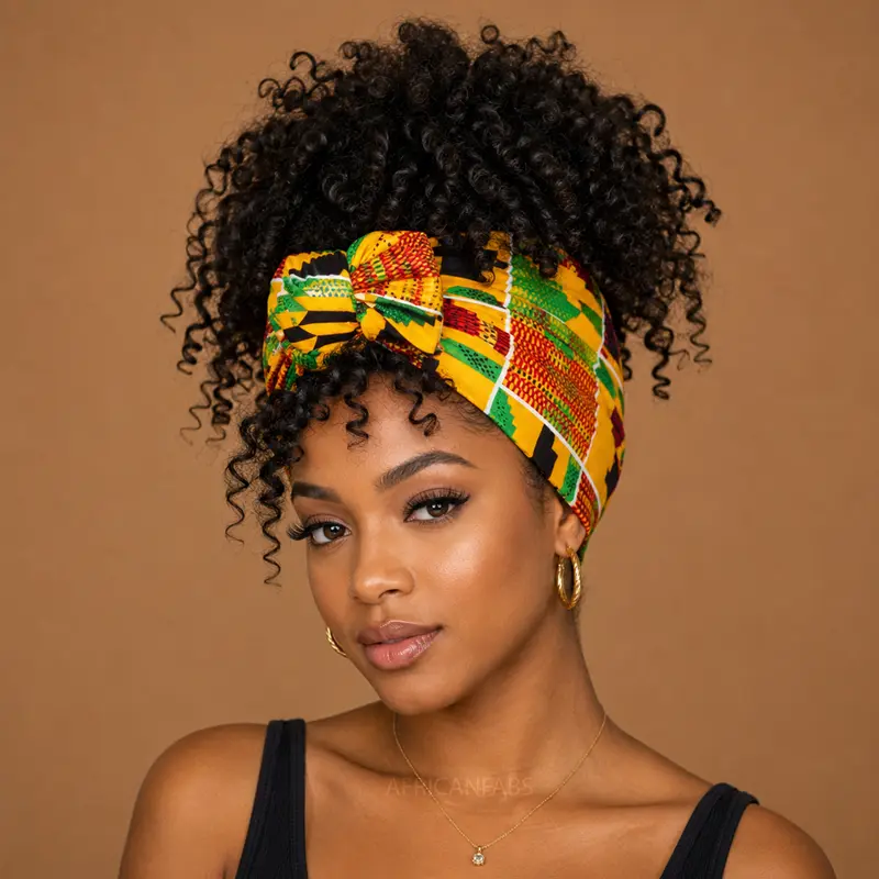 African headwrap - Green / yellow blocks kente print