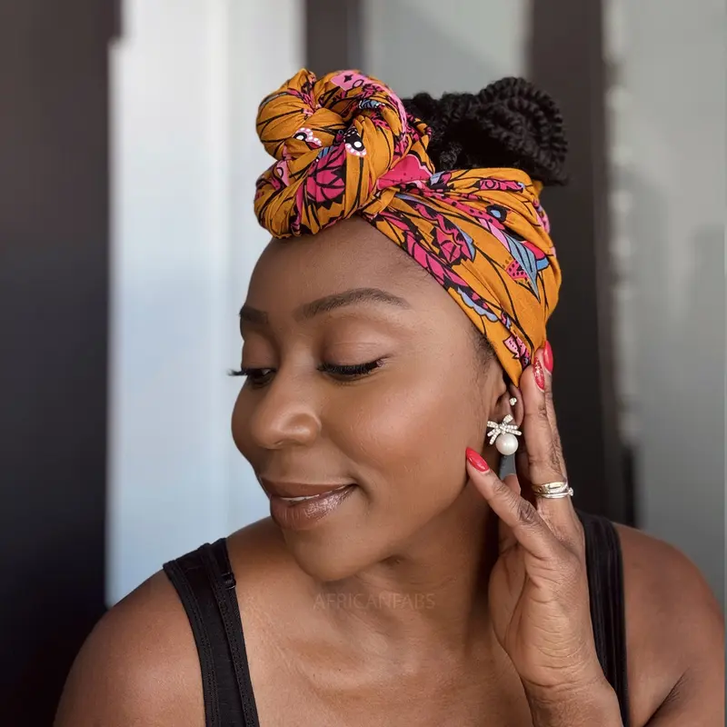 African headwrap - Mustard & Pink Botanical Flow