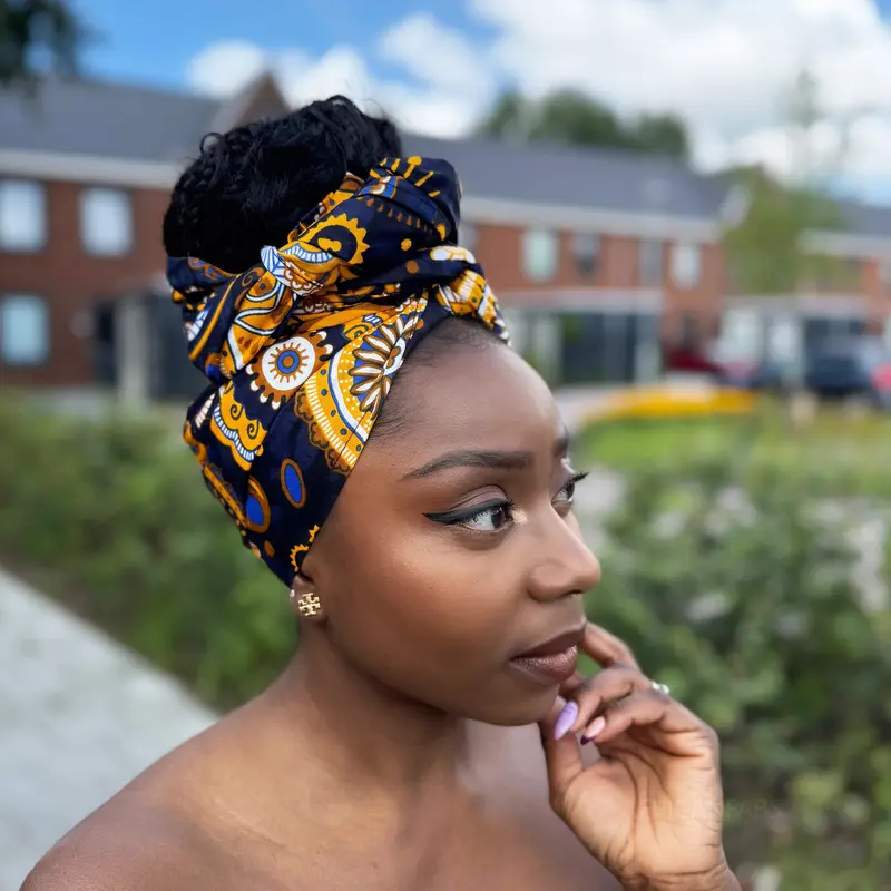 African headwrap - Navy blue Yellow Paisley