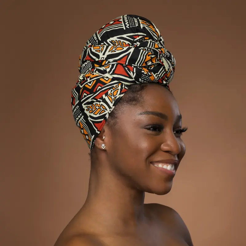African headwrap - Red Orange Bogolan Symbols