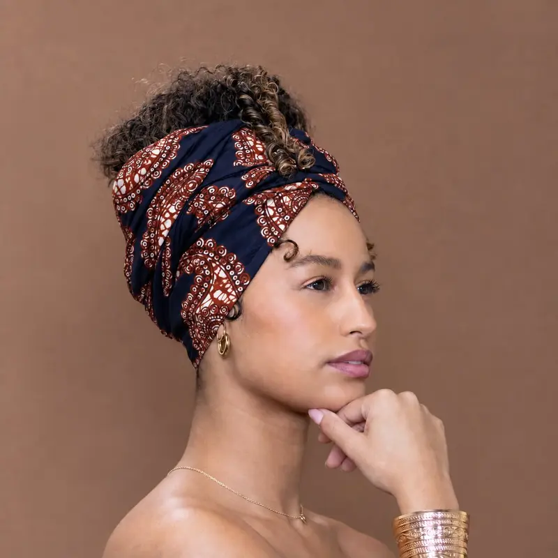 African Navy Blue Brown paisley - headwrap