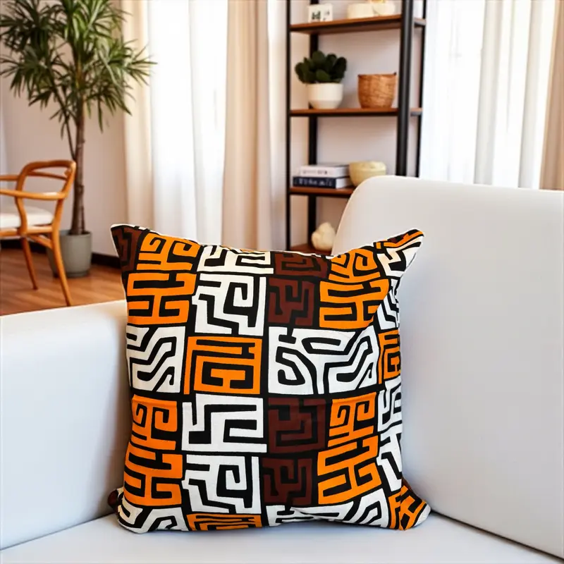 African pillow cover | Brown & Yellow-Orange Kuba Blocks - Decorative pillow 45x45cm - 100% Cotton