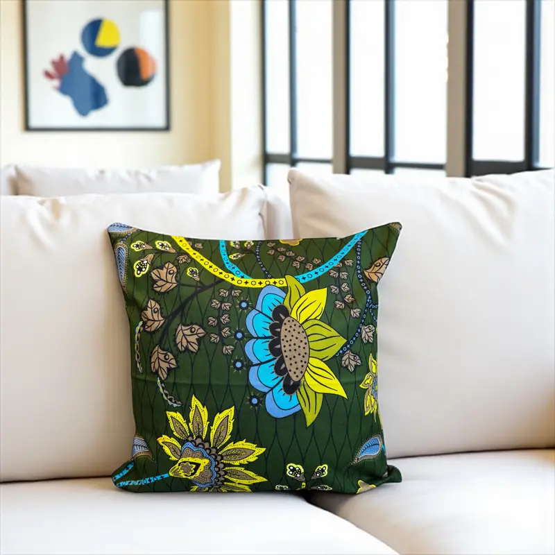 African pillow cover | Dark Green & Yellow Botanical Flow - Decorative pillow 45x45cm - 100% Cotton