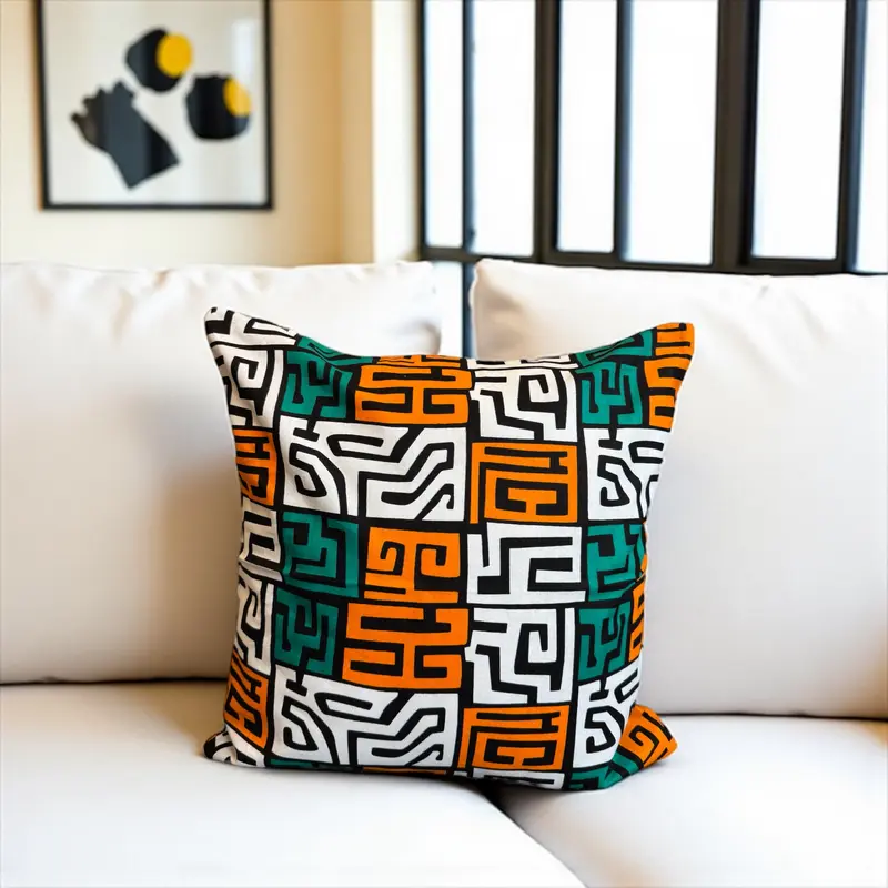 African pillow cover | Teal & Yellow-Orange Kuba Blocks - Decorative pillow 45x45cm - 100% Cotton