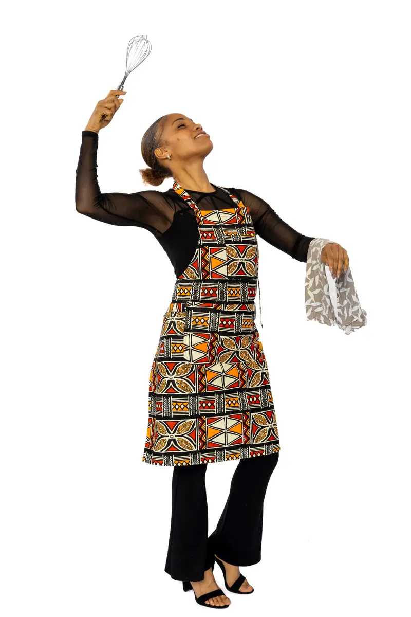 African print Apron - Red Orange Bogolan Symbols