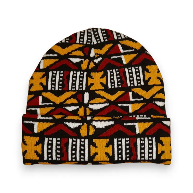 African Print Beanie / Winter hat  - Brown Cross Bogolan