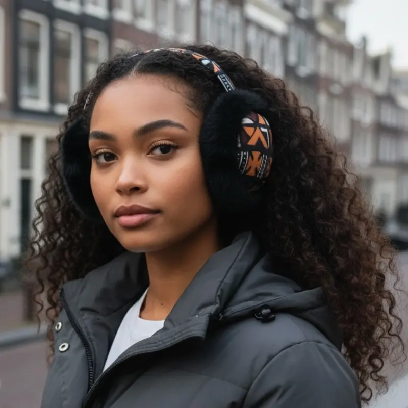 African Print Earmuffs - Foldable Winter Ear Warmers - Brown Cross Bogolan