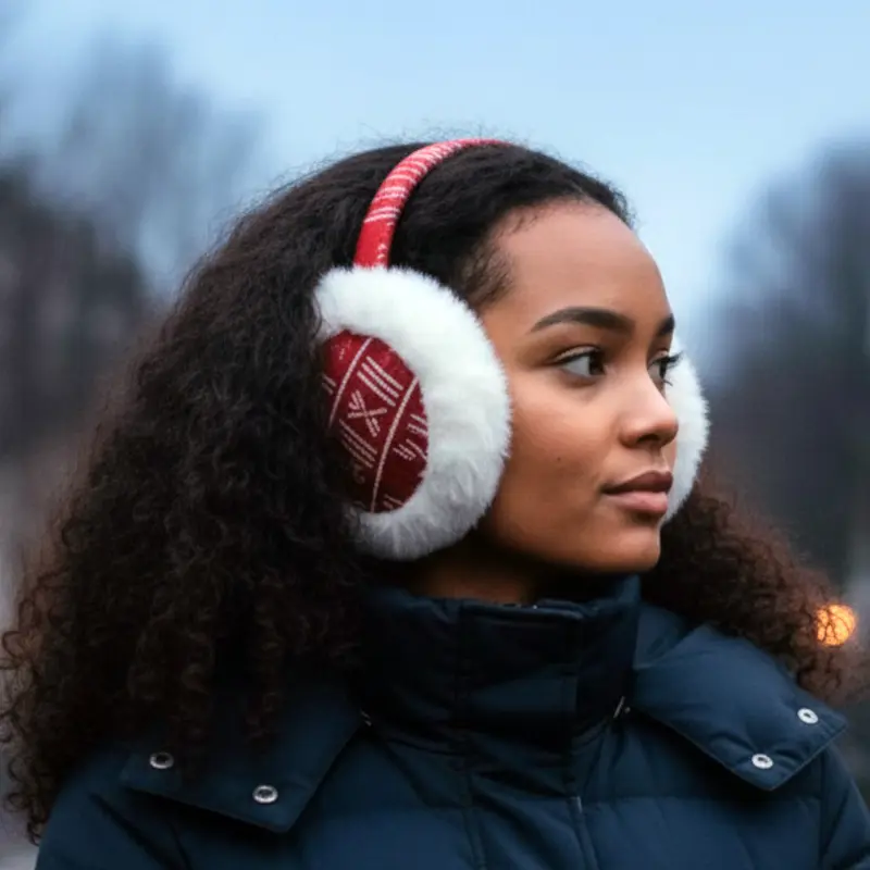 African Print Earmuffs - Foldable Winter Ear Warmers - Red White Bogolan