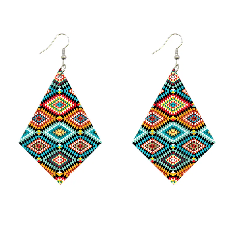 African Print Earrings | Rhombus shaped blue wooden earrings