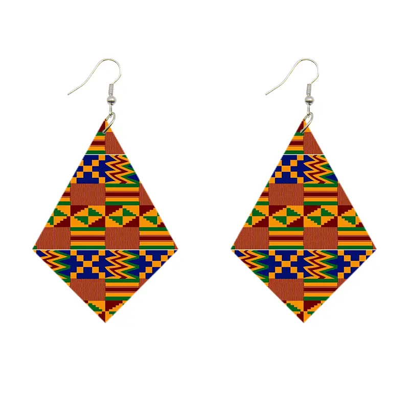 African Print Earrings | Rhombus shaped Kente print wooden earrings