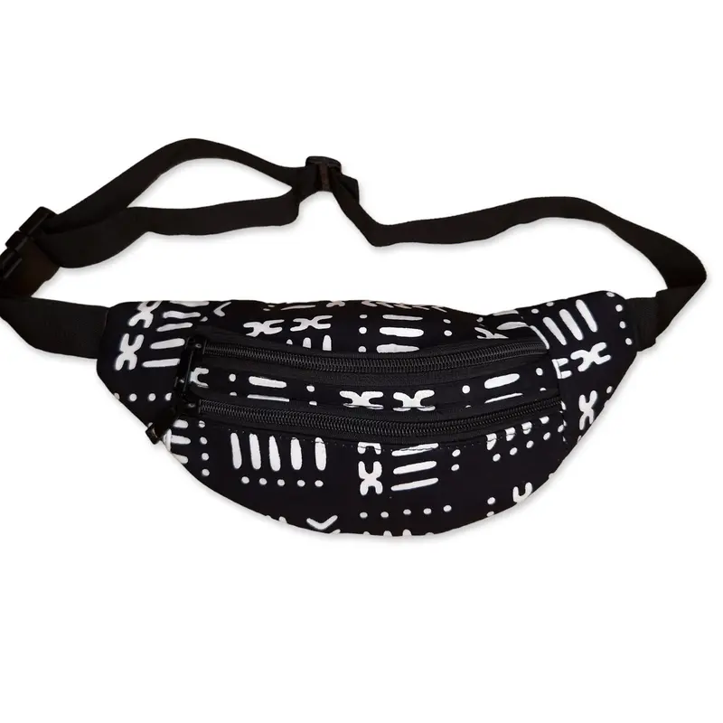 African Print Fanny Pack - Black white bogolan - Ankara Waist Bag / Bum bag / Festival Bag