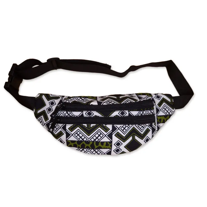 African Print Fanny Pack - White / green bogolan - Ankara Waist Bag / Bum bag / Festival Bag