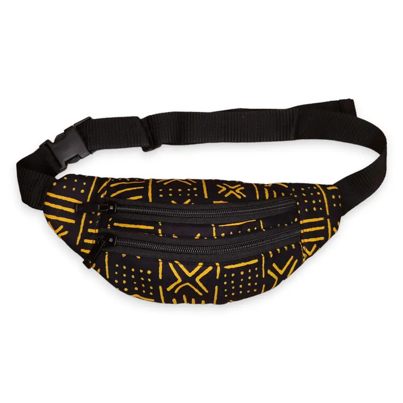 African Print Fanny Pack - Yellow / black bogolan - Ankara Waist Bag / Bum bag / Festival Bag