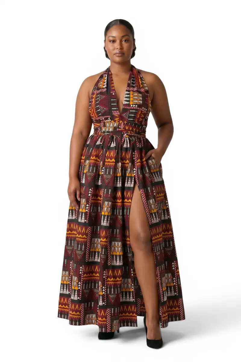 African Print Infinity Multiway Maxi Dress - Adjustable Slit - Brown Orange Earth Heritage