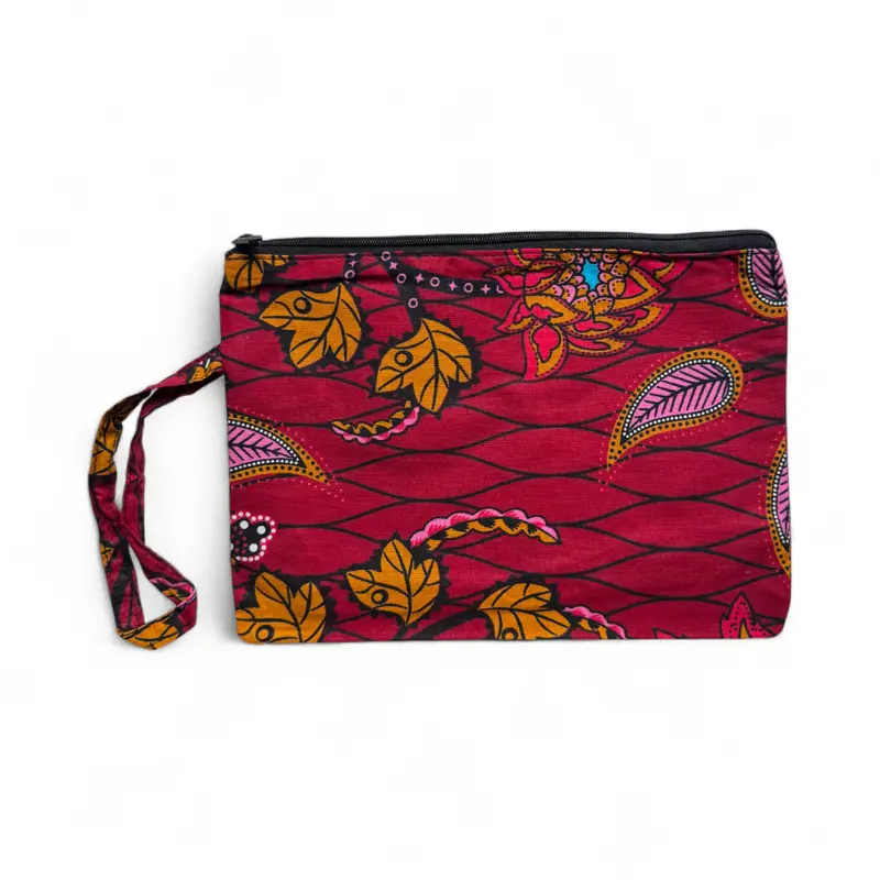 African print Makeup pouch / Pencil case / Cosmetic Bag / Coin Purse - Dark Red & Yellow Botanical Flow
