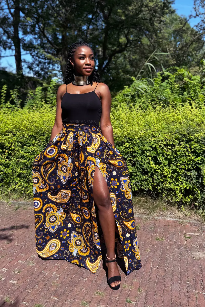African print maxi skirt - Navy blue Yellow Paisley
