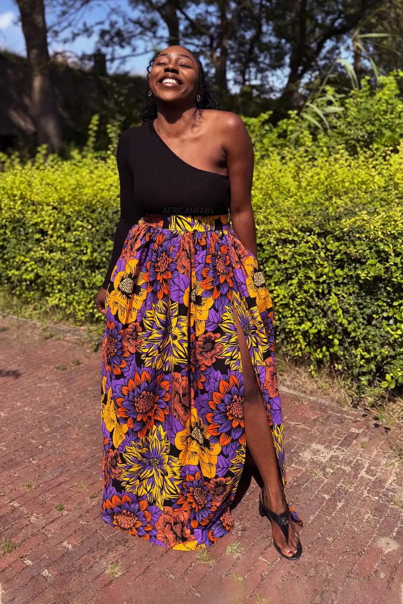 African print maxi skirt - Yellow & Purple Flowers