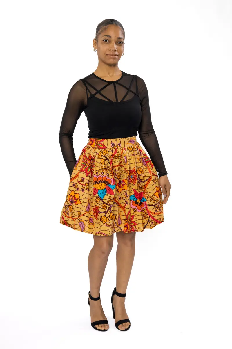 African print mini skirt - Beige Orange Botanical Flow