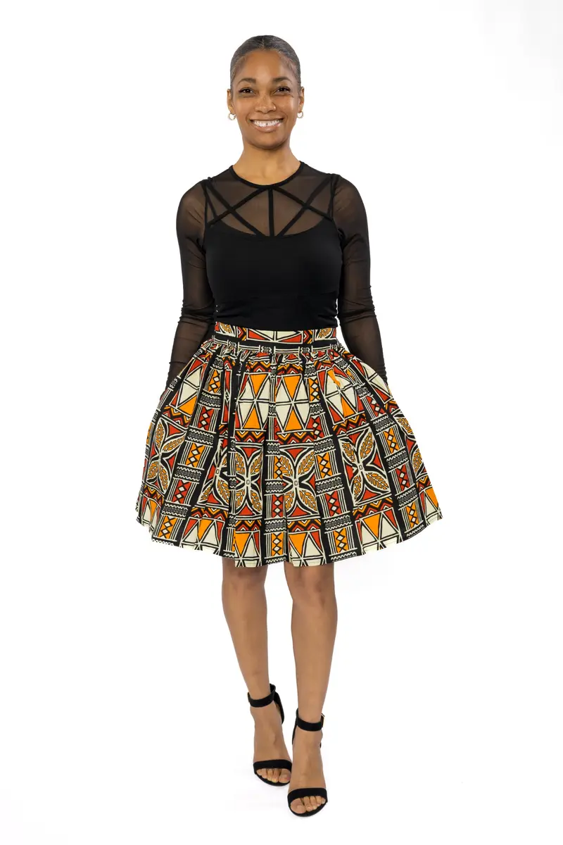 African print mini skirt - Red Orange Bogolan Symbols