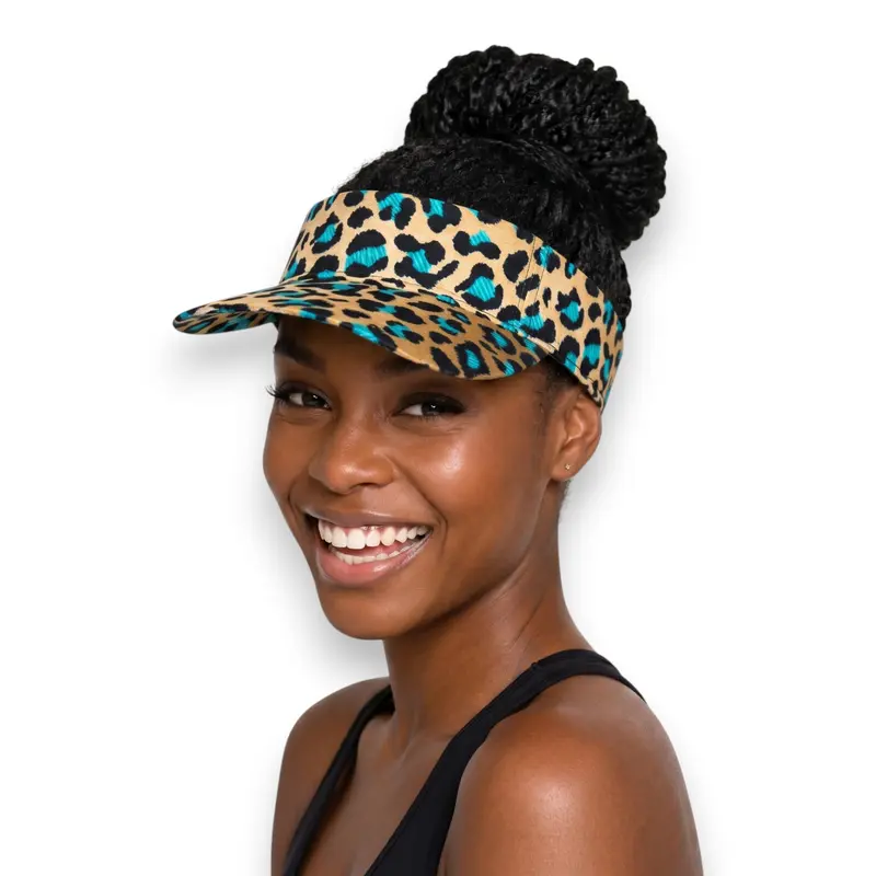African print Sun visor cap - Beige Turquoise Leopard Spots