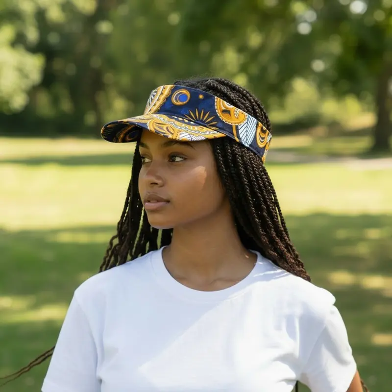 African print Sun visor cap - Navy blue Yellow Paisley
