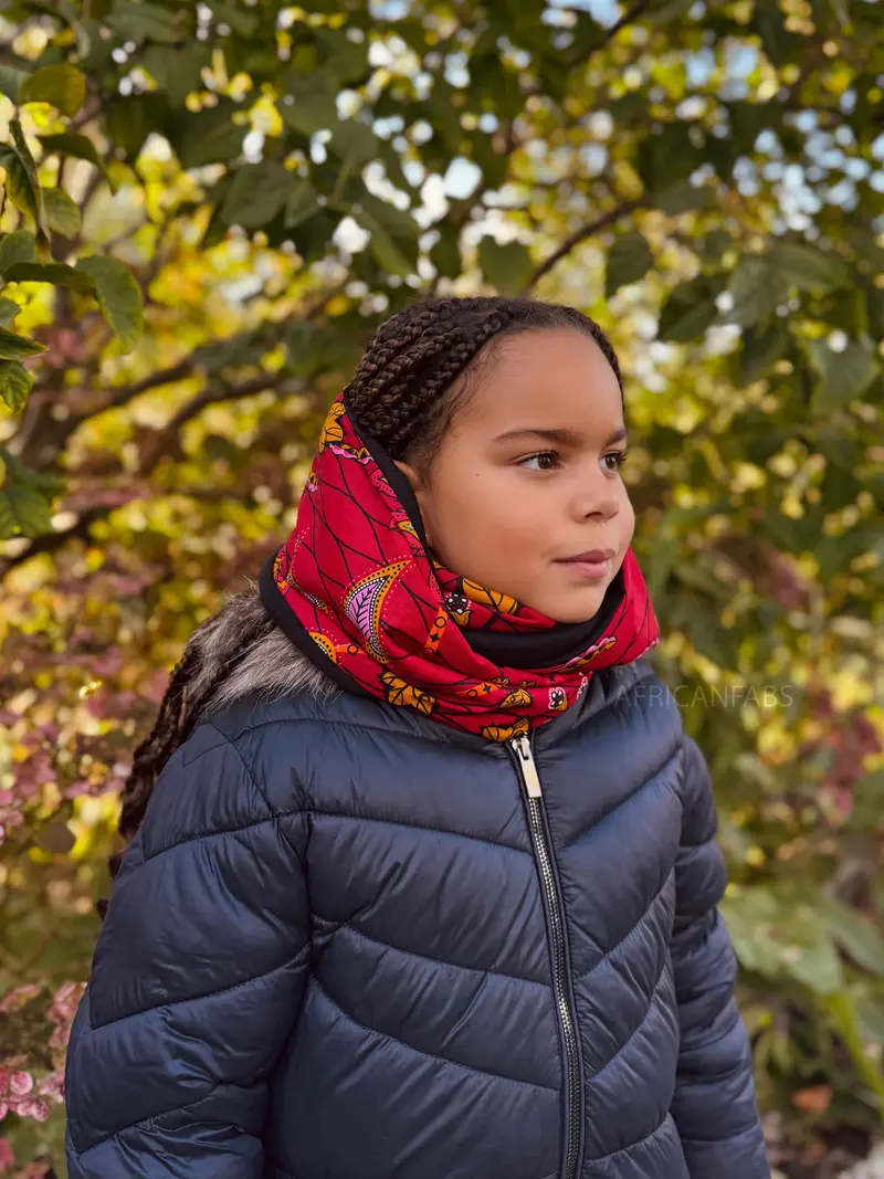 African print Turtleneck Winter scarf for Kids Unisex - Dark Red & Yellow Botanical Flow