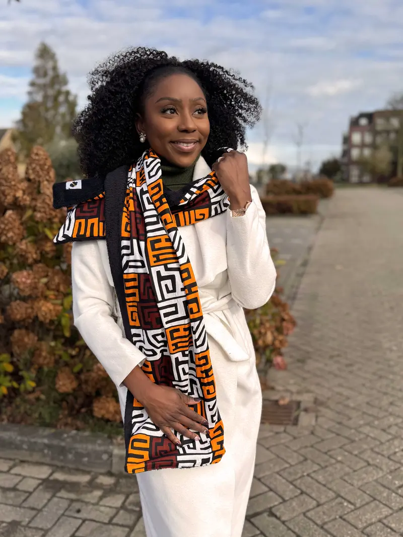 African print Winter scarf Unisex - Slim model - Brown Kuba Blocks