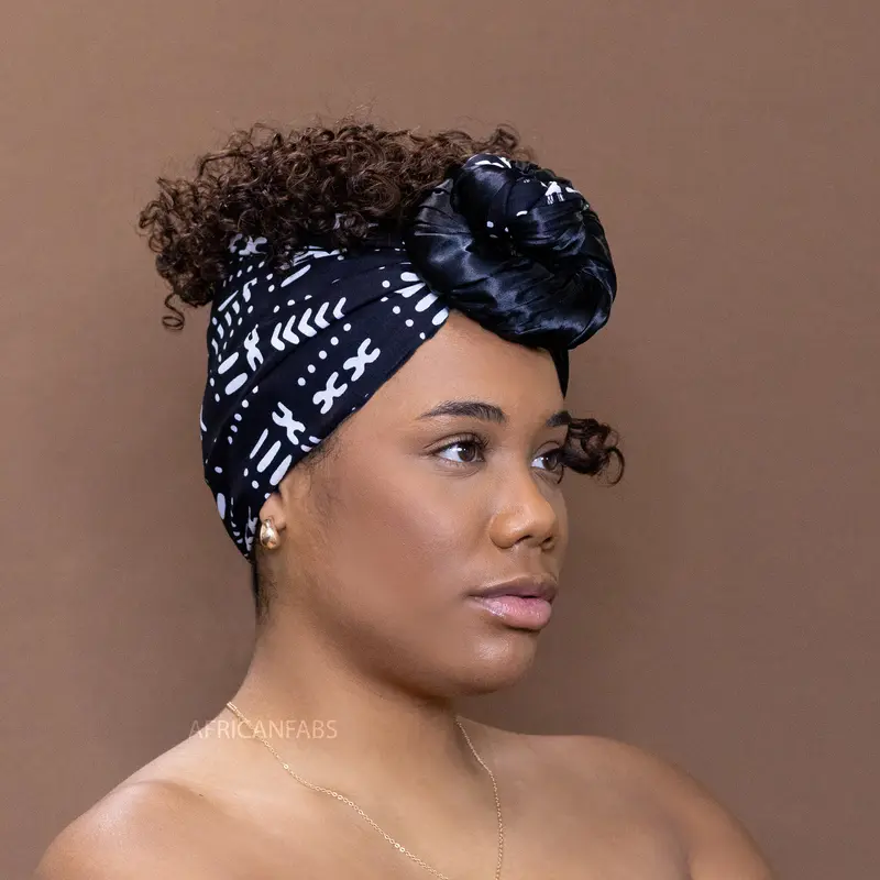 African Satin Lined headwrap / Black / white Bogolan
