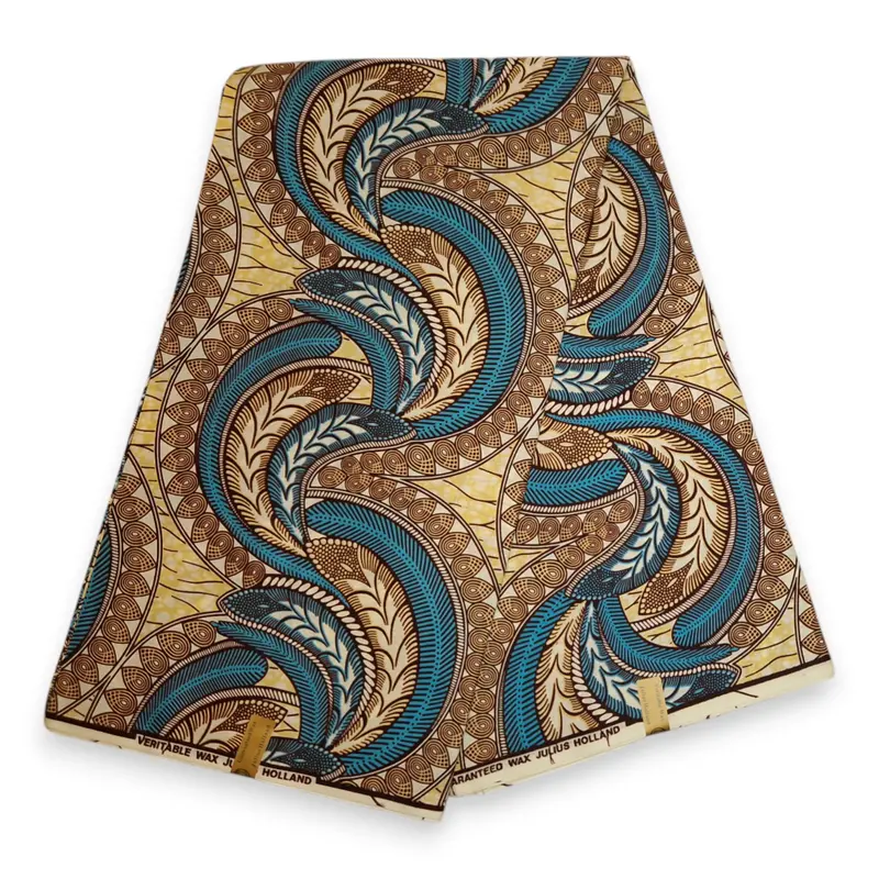African Wax print fabric - Beige Blue Feather