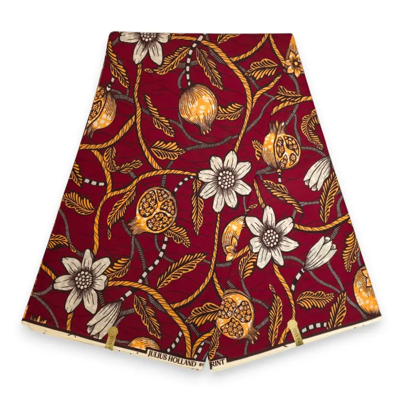 African Wax print fabric - Burgundy Mustard Pomegranate Garden - 100% cotton