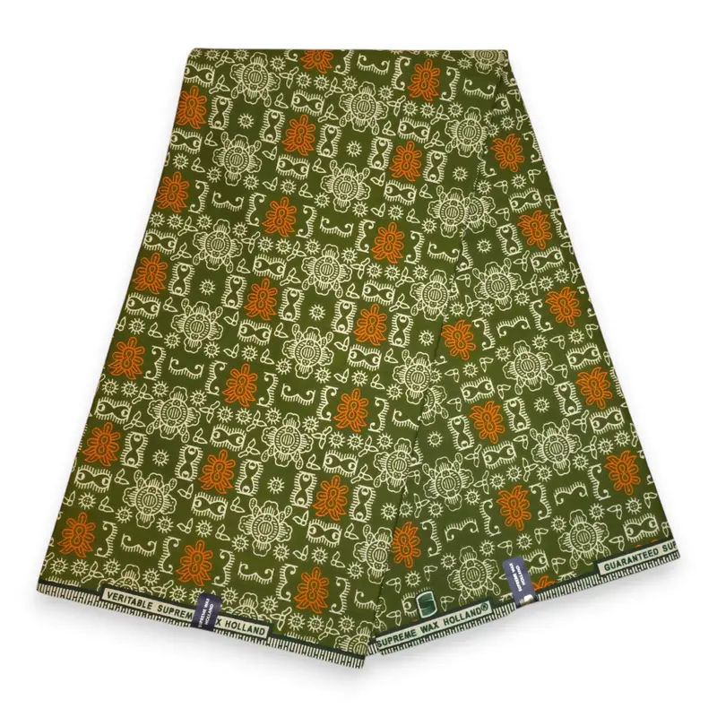 African Wax print fabric - Olive Orange Bogolan Icons - 100% cotton