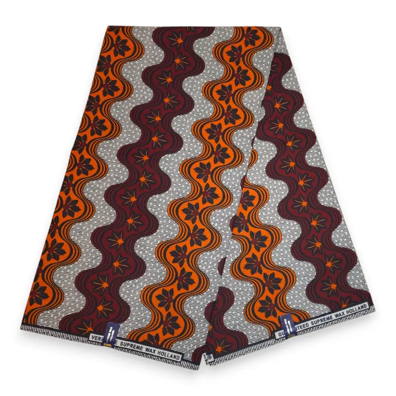 African Wax print fabric - Orange Burgundy Wavy Stripe Bloom - 100% cotton